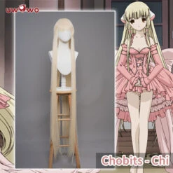 Uwowo Anime/Manga Chobits Chii Lolita Pink Bow Clamp Wig Light Yellow Long Hair
