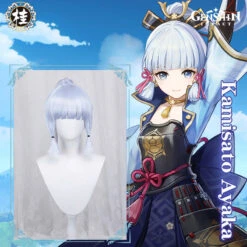 Uwowo Game Genshin Impact Kamisato Ayaka Cosplay Wig 65cm White Blue Ponytail Hair