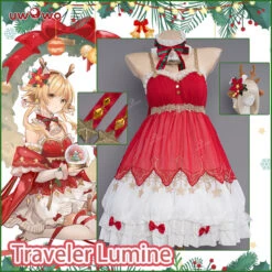 Uwowo Genshin Impact Fanart Traveler Lumine Christmas Holiday Cosplay Costume