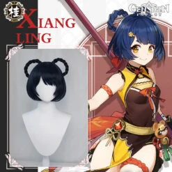 Uwowo Game Genshin Impact Xiangling Exquisite Delicacy Cosplay Wig Chef De Cuisine 30cm Dark Blue Short Hair