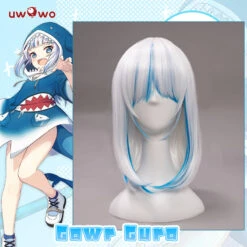 Uwowo Cosplay Gawr Gura Cosplay Wig Tail Shark GAWRGURA 40cm White Blue Gradient Wig